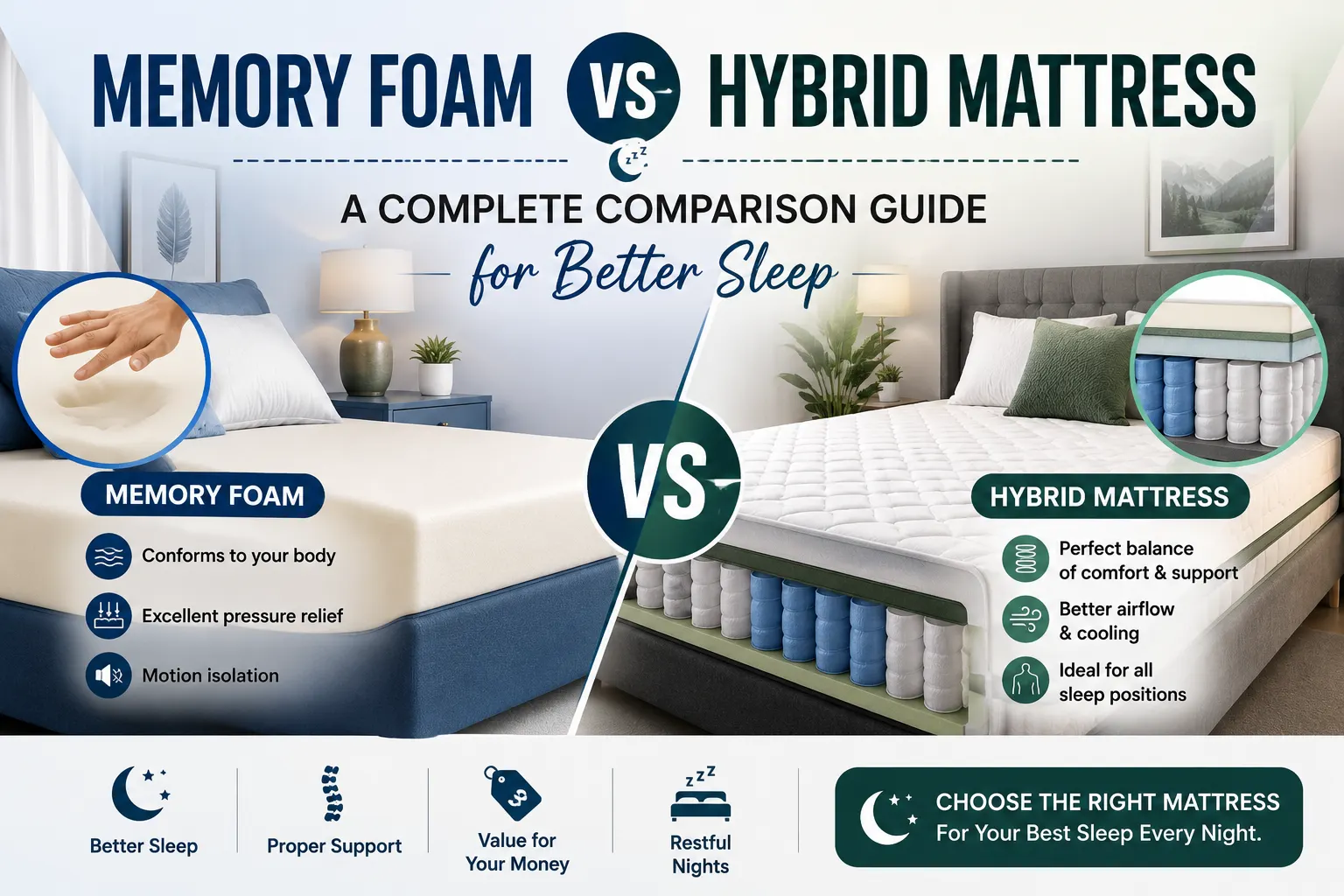 make a table comparing memory foam vs hybrid mattresses